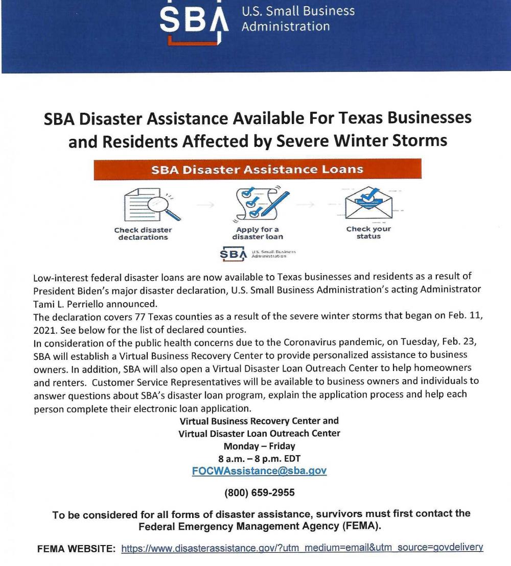 SBA Disaster Assistance Available for Texas Businesses Affected by